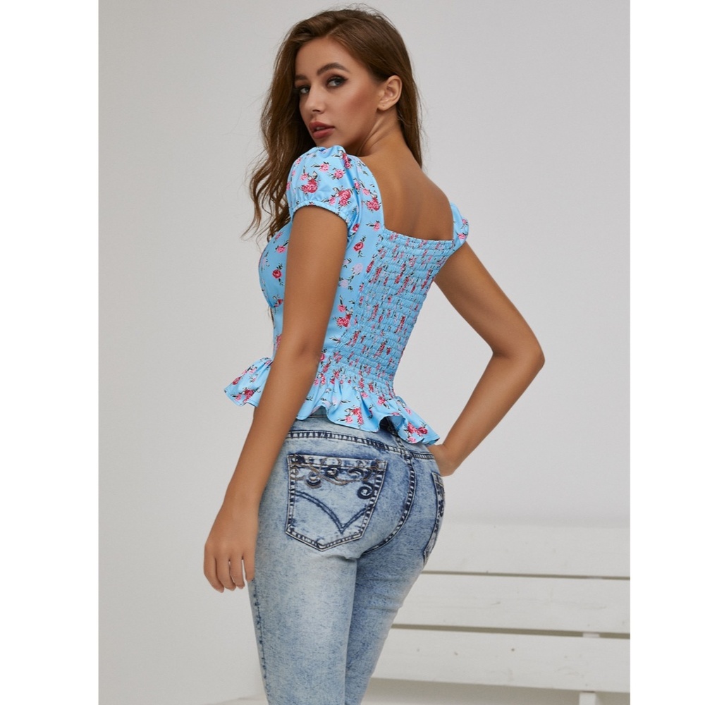 Blue Floral Peplum Hem Sweetheart Babydoll Top - Picture 3 of 8